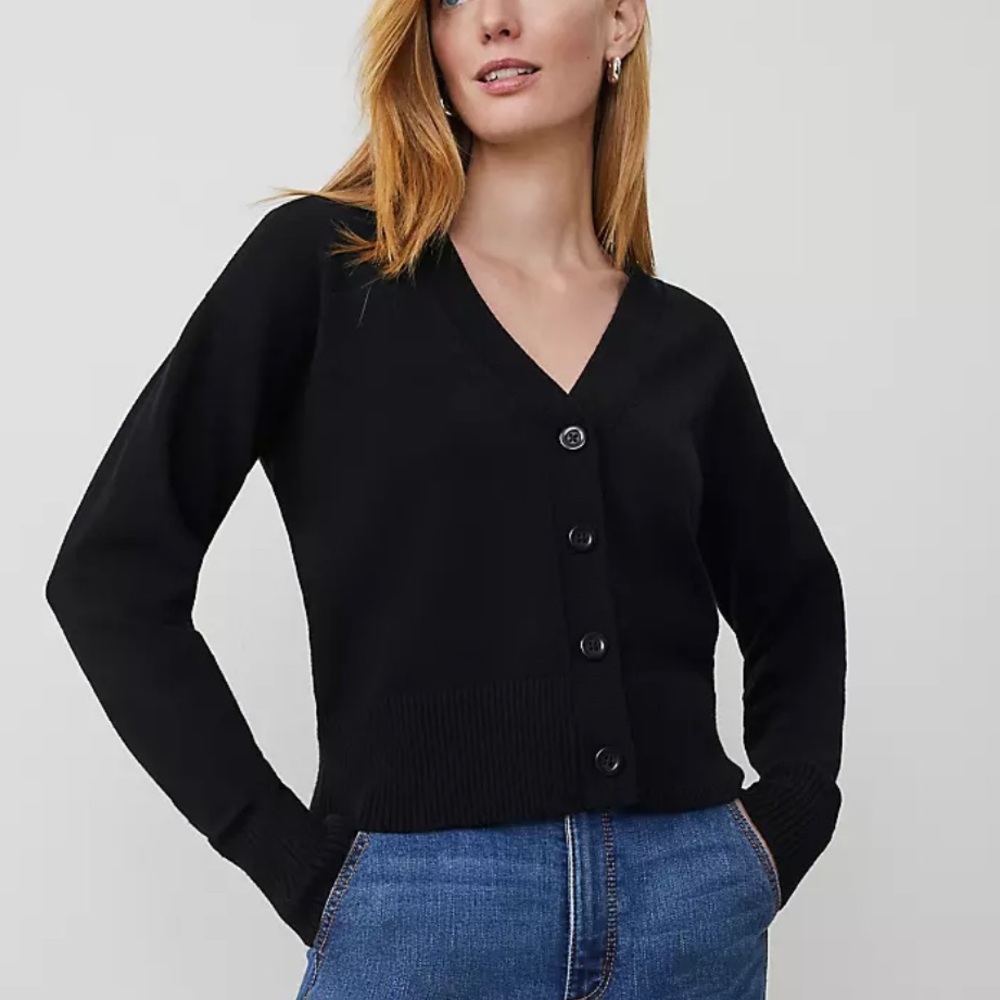 ANN TAYLOR 100% Cashmere Women's Black Wedge V-Neck Cardigan Oversized Size M